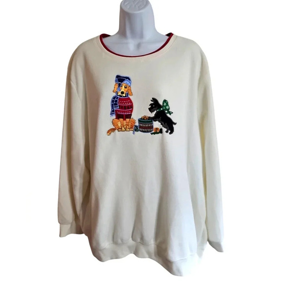 Vintage Alfred Dunner Embroidered Dogs Fleece Sweater Size 3X White Holiday 90s - Picture 1 of 6